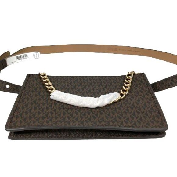 MICHAEL KORS Signature Logo Gold Chain Belt Waist Bag Fanny Pack Brown Large NWT - Picture 2 of 14